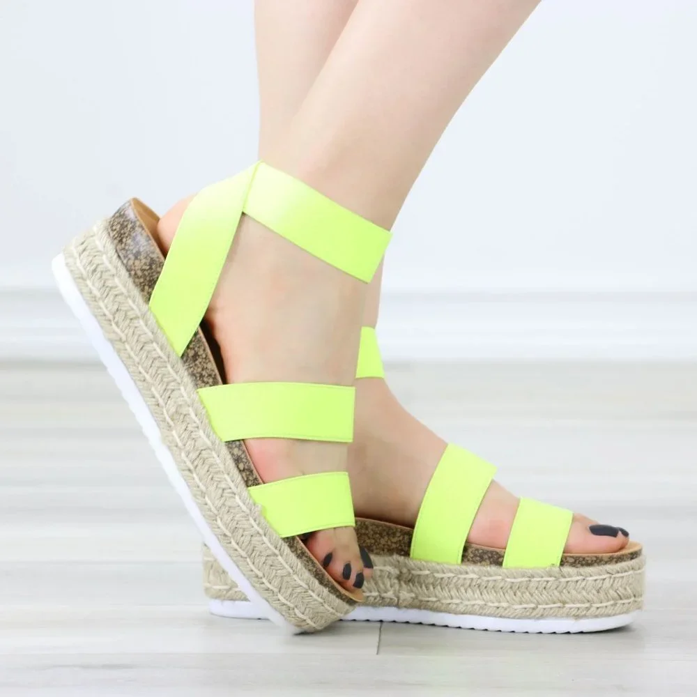 Neon Yellow Elastic Strappy Sandals Espadrille Platform Heel - Picture 6 of 11